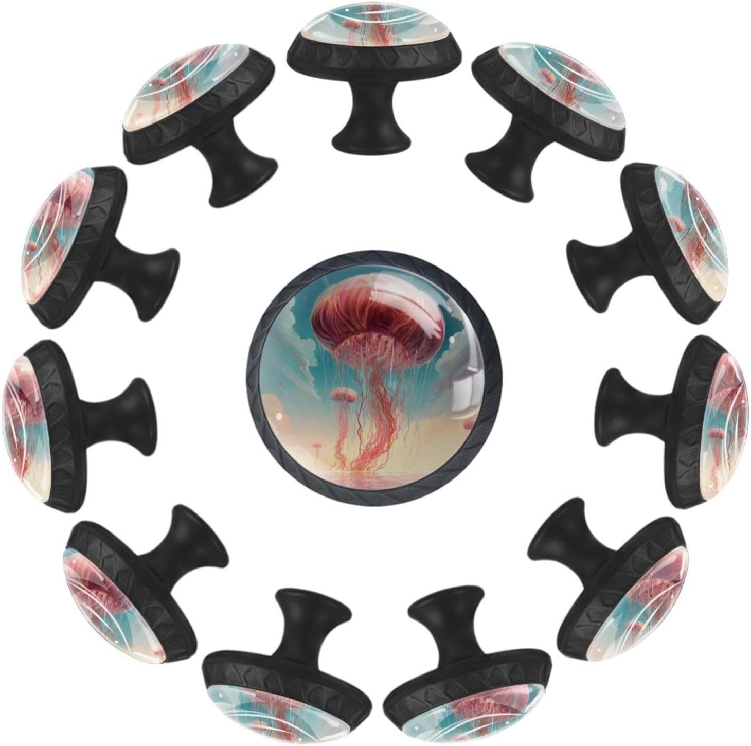 Fairytale Pink Jellyfish Seascape Crystal Glass Clear Round Cabinet Drawer Knobs, Set of 12, Durable, Easy Installation, Fashionable, 1.37x1.10x0.66 in/35x28x17mm, 12hwyls-002-2