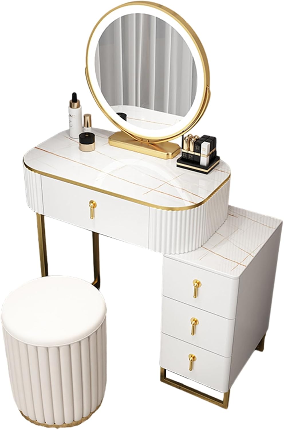 Small Vanity Desk Set with LED Smart Makeup Mirror, 3 Lighting Modes Adjustable Brightness, New Makeup Experience Dressing Table with Chair, Bedroom Vanity Table for Her