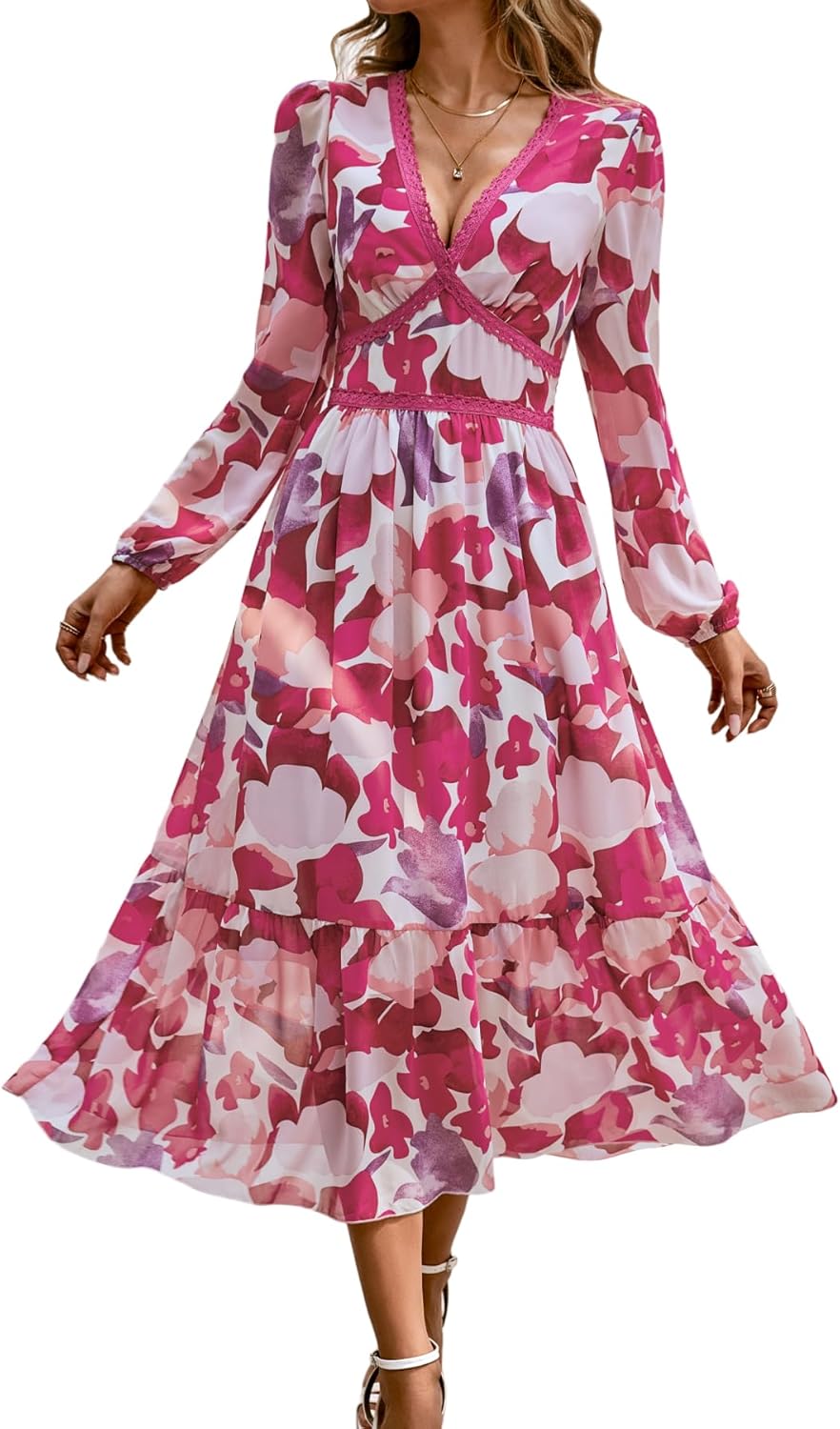 Women's V Neck Long Sleeve Wrap Maxi Dress A Line Empire Waist Fall Wedding Guest Party Casual Chiffon Dress Rose L