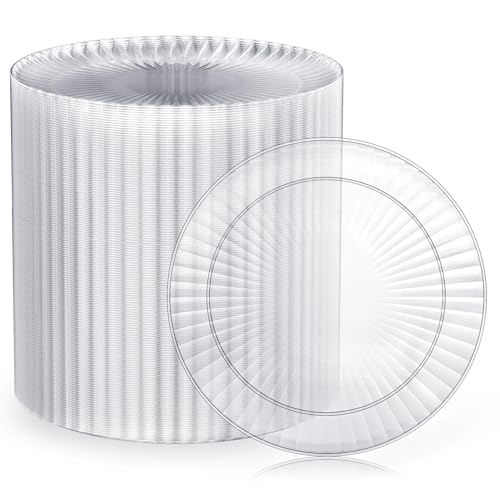 FOCUSLINE 90 Count Clear Plastic Plates 10 Inch, Disposable Heavy Duty Plastic Dinner Plates- Premium Hard Plastic Plates Fancy Disposable Clear Plates for Weddings, Parties and Birthday