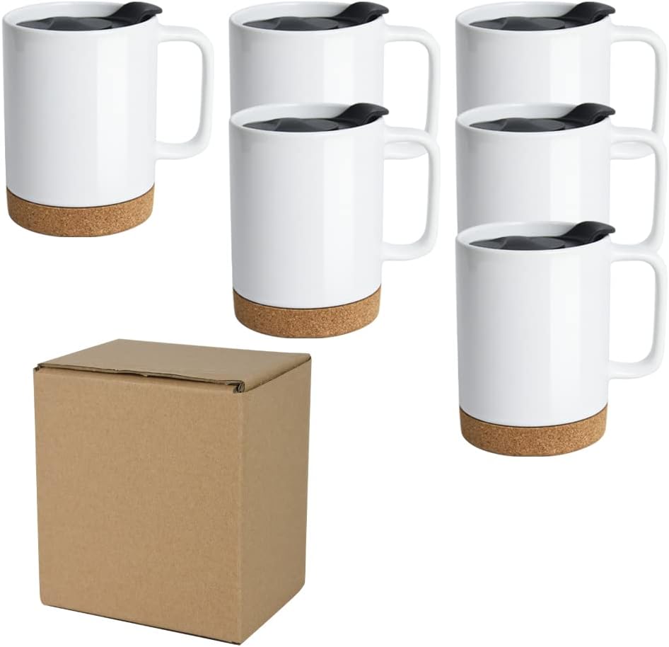 14 OZ Sublimation Mugs with Removeable Cork Bottom and Splash Proof Lid, Sublimation Coffee Mugs with Brown Mail Order Box,Case of 6 Pieces