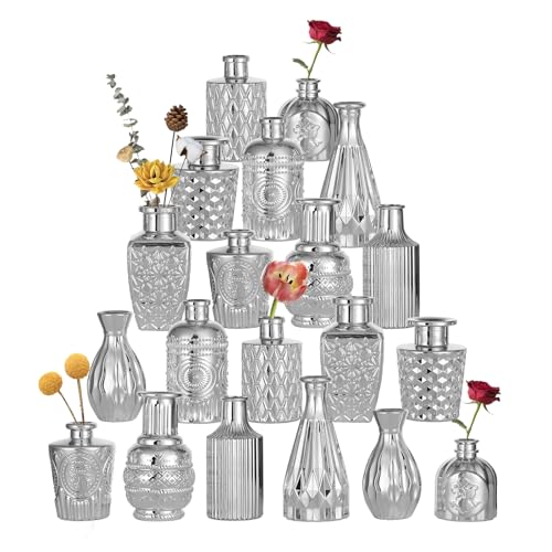 Hewory Golden Small Glass Vases for Centerpieces 20pcs Dark Gold Bud Vase in Bulk, Mini Vintage Decorative Single Flower Vase for Wedding Birthday Party Baby Shower Home Living Room Table Decor