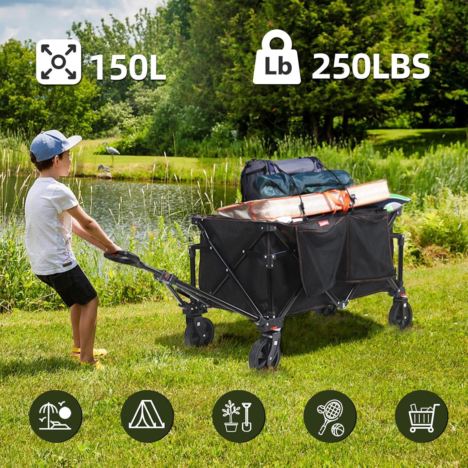 Collapsible Wagon, Folding Utility Wagon Cart for Beach, Fishing, Outdoor Camping, Pet Pulling (Black)