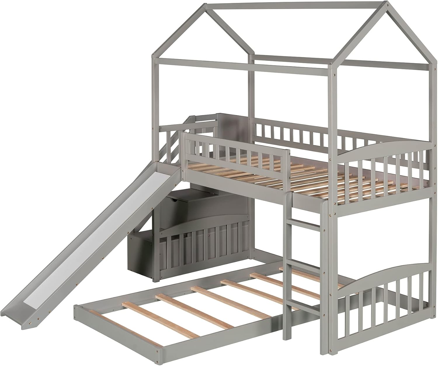 Loft Bed Twin with Two Drawers and Slide, House Bed with Slide, Twin Loft Bed Frame No Box Spring Needed，Gray