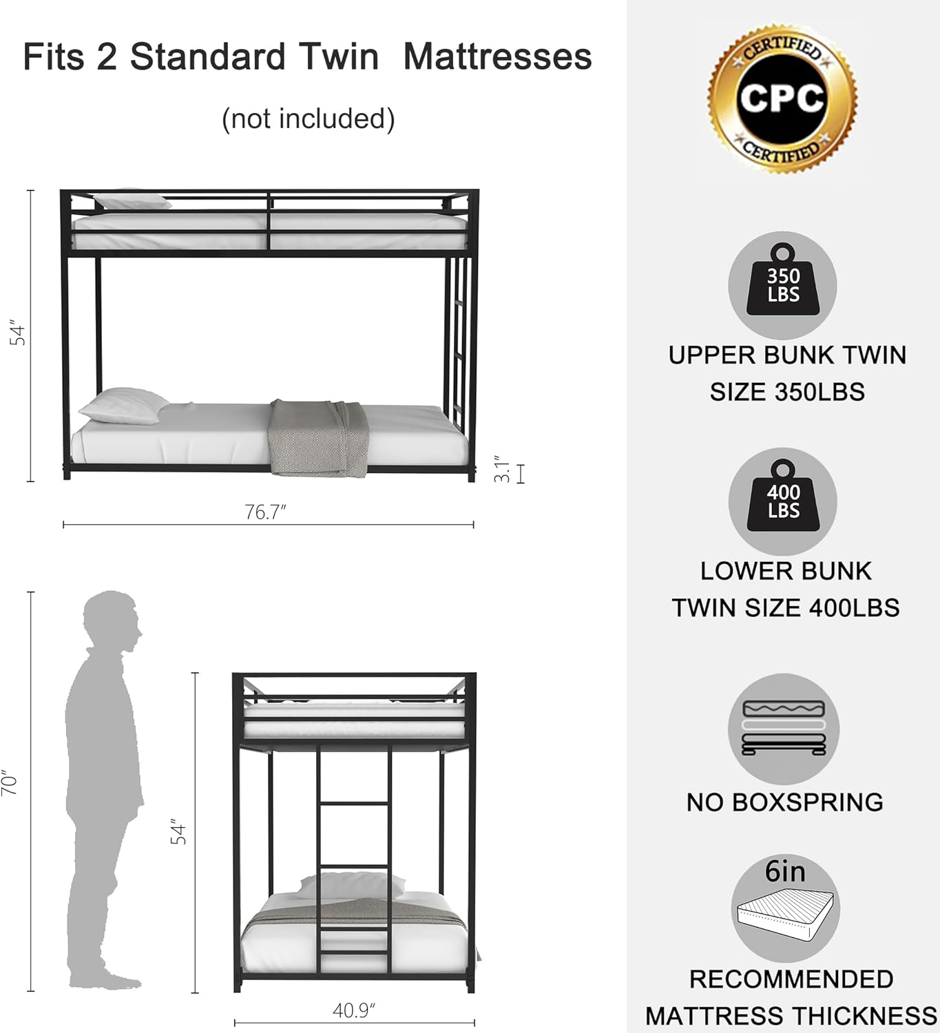 Adam Twin Over Twin Metal Bunk Bed, Sturdy Black Frame, Bedroom Furniture, Space-Saving Design, Easy Assembly, No Box Spring Needed