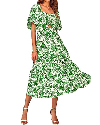 BTFBM Women Summer Dresses 2024 Casual Flowy Beach Square Neck Puff Short Sleeve Smocked Back Boho Floral Long Maxi Dress