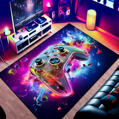 2PCS (Large & Mini) Gaming Area Rug Teen Boys Carpet, 3D Gamepad Colorful Game Controller Design for Video Game Playroom, Boys Girls Bedroom, Living Room (Gamepad Shape 63