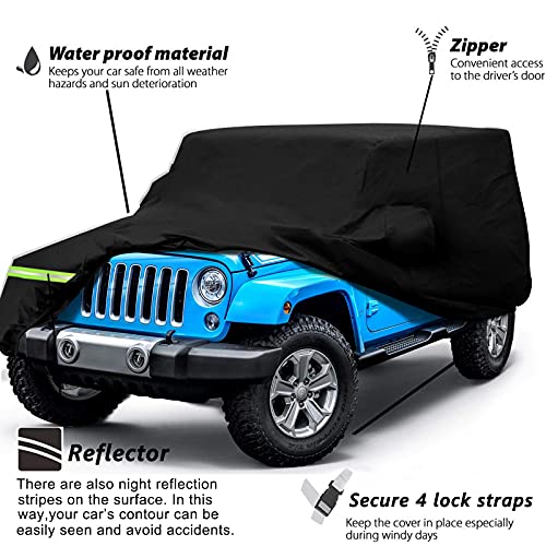 Waterproof Car Covers for Jeep Wrangler 2 Doors 1987-2022 190T Covers (YJ, TJ, JK & JL) Customer Fit 100% Waterproof Windproof Strap & Double Door Zipper Up to 180” L (2-Doors)