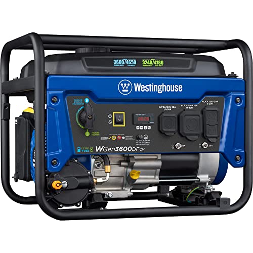 Westinghouse Outdoor Power Equipment 4650 Peak Watt Dual Fuel Portable Generator, Remote Electric Start with Auto Choke, RV Ready 30A Outlet, Gas & Propane Powered, CO Sensor