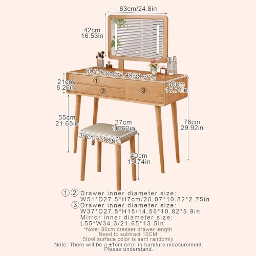 Wooden Makeup Desk for Bedroom Dressing Room Dressing Table with Mirror Vanity Table Set Wooden Makeup Desk with Stool Modern Dressing Table for Bedroom Makeup Room Girls Women.