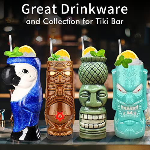Tiki Mugs Set of 4 - Large Ceramic Hawaiian Party Mugs Drinkware Cocktails Premium Tropical Cups cute exotic cocktail glasses-TJB08 (4)