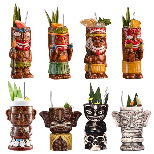 Cocktail Tiki Mugs Set Of 8 - Cute Ceramic Hawaiian Style Cocktail Glasses For Party And Tropical Tiki Bar，Mai Tai Cocktail Drinkware (Glossy)