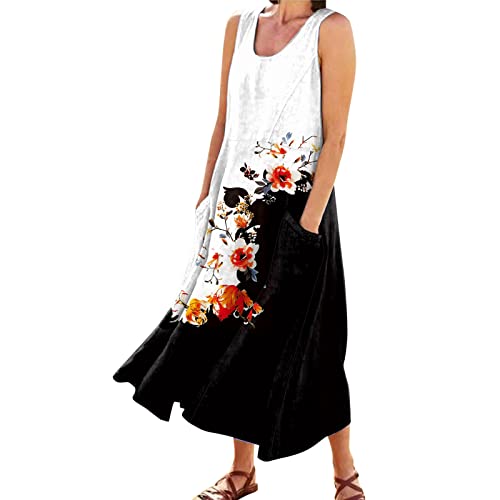 Women Sun Dresses 2024 Casual Long Summer Cute Sleeveless Dress with Pockets Floral Loose Plus Size Trendy Modest Maxi Dress