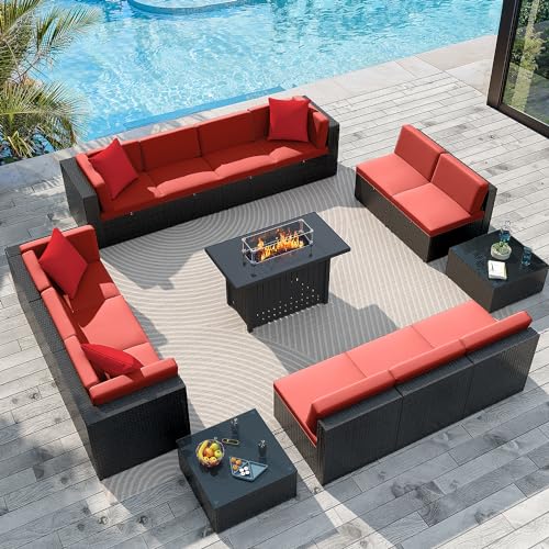 Greesum Patio Furniture Sets 15-Pieces Outdoor PE Rattan Sectional Sofa w/43in Gas Fire Pit Table 55000 BTU Add Warmth to Gatherings Parties On Deck Garden Backyard, Red