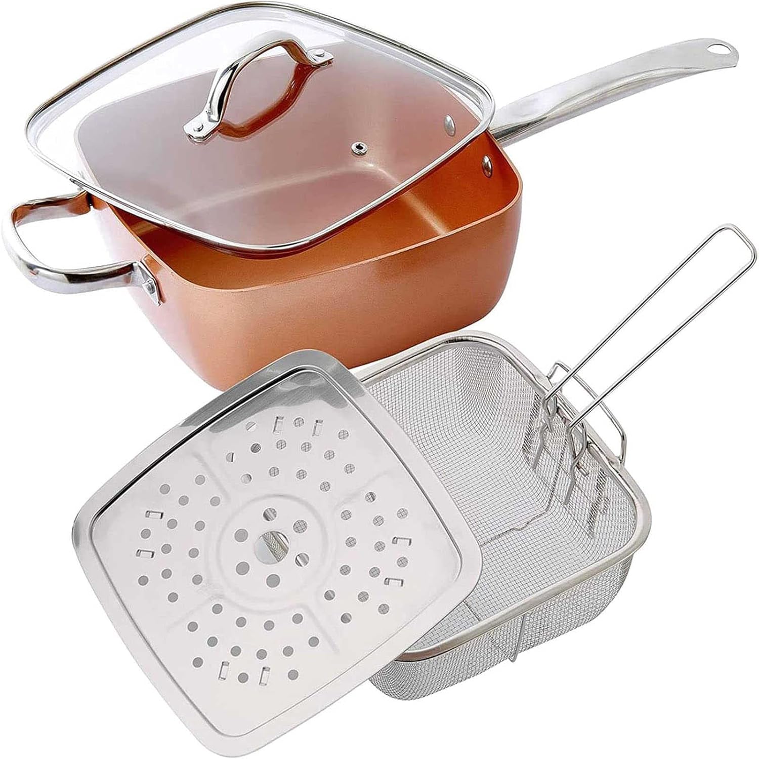 4-Piece Copper Pan Kit - Includes Nonstick Square Pan, Steamer, Frying Basket & Glass Lid - Perfect for Frying, Baking, Roasting, Stir-Fry & More - Oven Safe & Easy to Clean!