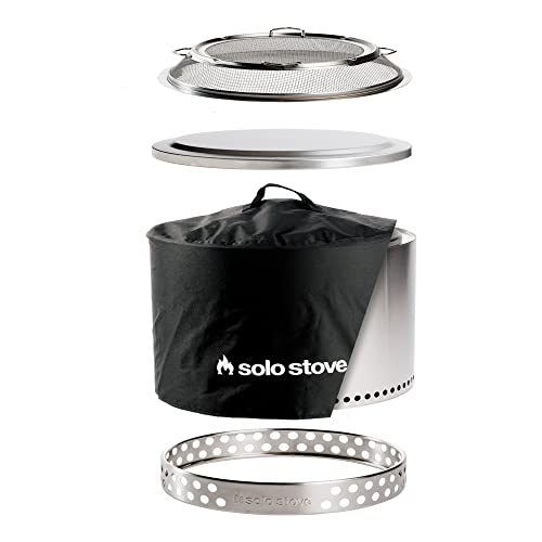 Solo Stove Bonfire Backyard Bundle 2.0 | with Bonfire Smokeless Fire Pit, Stand, Shield, Shelter, Lid, Portable for Wood Burning, Removable Ash Pan, Stainless Steel, H: 16.75in x Dia: 19.5in, 28.25lbs