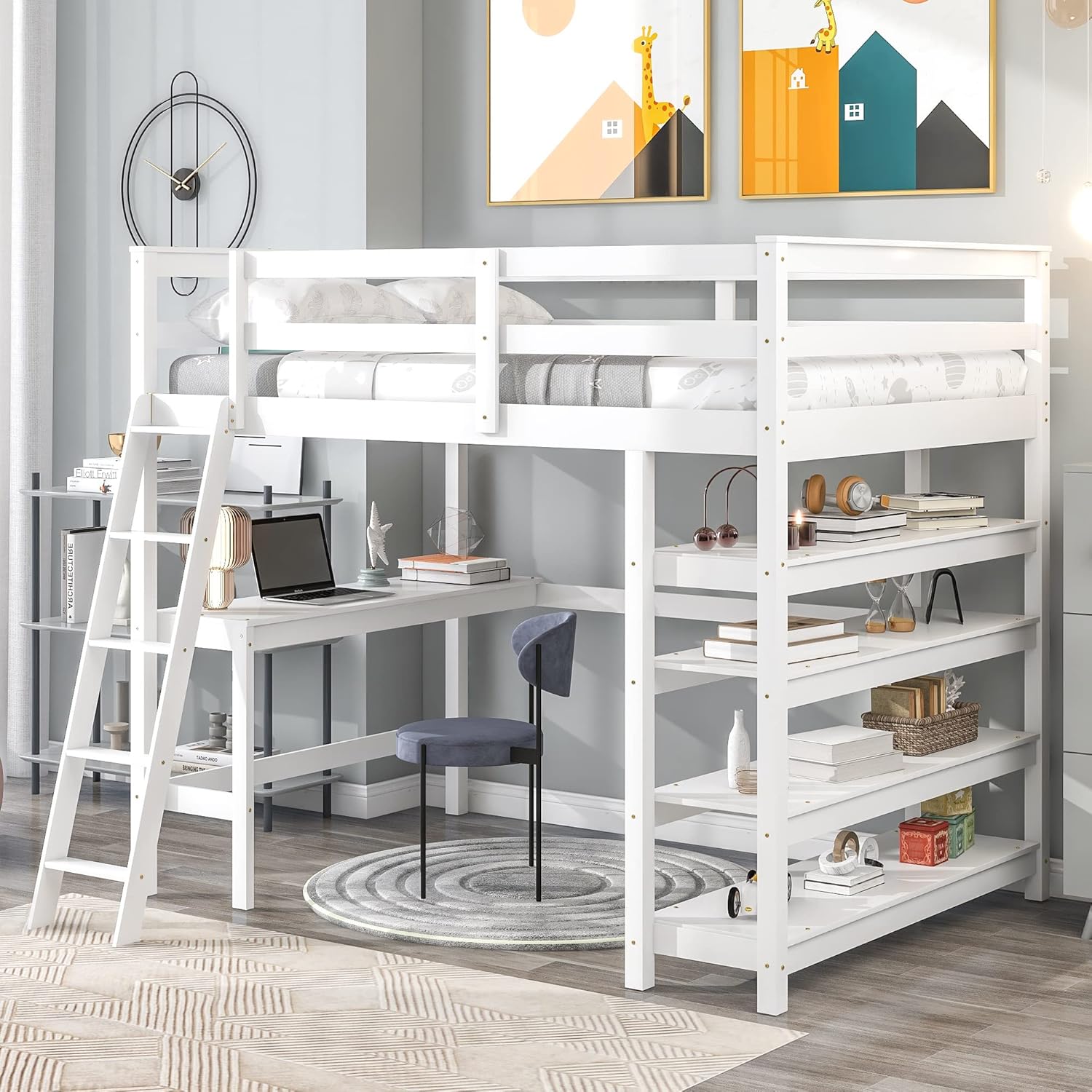 Full Loft Bed with Desk and 4-Tier Storage Shelves, Wooden Full Loft Bed Frame with Safety Guardrails and Ladder for Kids Teens Adults, White