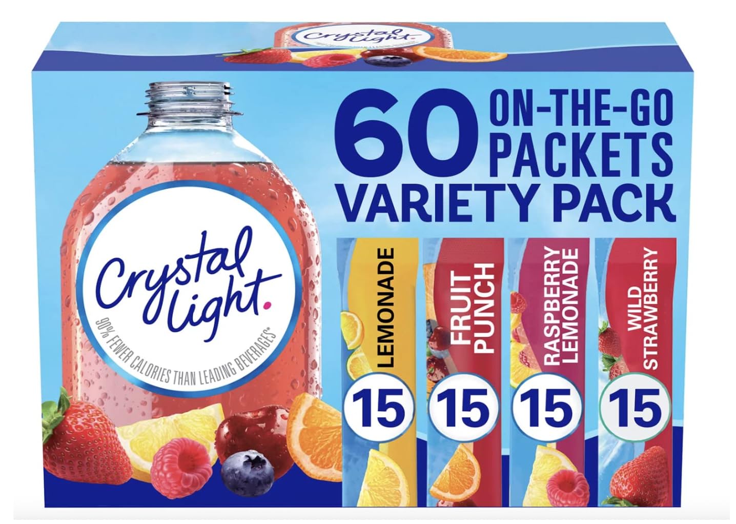 Crystal Light Sugar-Free, Lemonade, Fruit Punch, Raspberry Lemonade and Wild Strawberry On-The-Go Powdered Drink Singles Mix Variety Pack, 60 Count, Each Packet Dissolves into any 16.9 oz