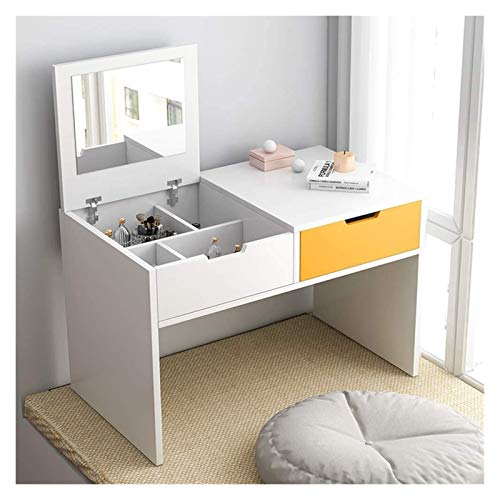 Luxurious Makeup Vanity Desk for Princess's Gift, 2-in-1 Vanity Table with Flip Top Mirror Makeup Dressing Table Mini Writing Desk with Drawers, Makeup Organizers(White Yellow-b)