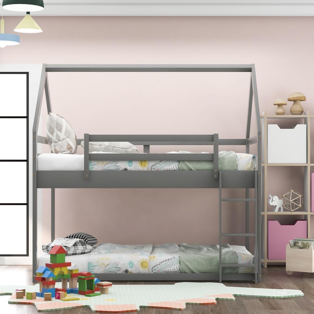 Twin Over Twin Low Bunk Bed, House Bed with Ladder, Gray 1-Numbers of Package Pine Wood+MDF 14pcs 77.3