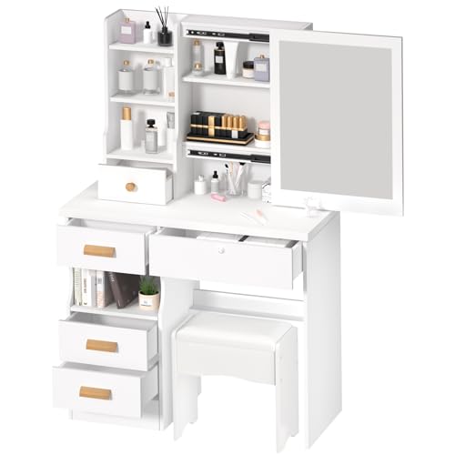 Vanity Desk with Sliding Mirror and Lights, Makeup Vanity Table with 5 Large Drawers, 6 Storage Shelves & Cushioned Stool, Bedroom Dressing Table Makeup Vanity Desk Set, White