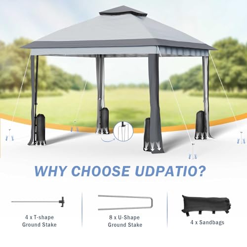 UDPATIO 13'x13' Gazebo for Patio, Pop up Gazebo Canopy Tent, Outdoor Patio Waterproof Gazebo with Mosquito Netting for Lawn, Garden, Backyard and Deck, Grey