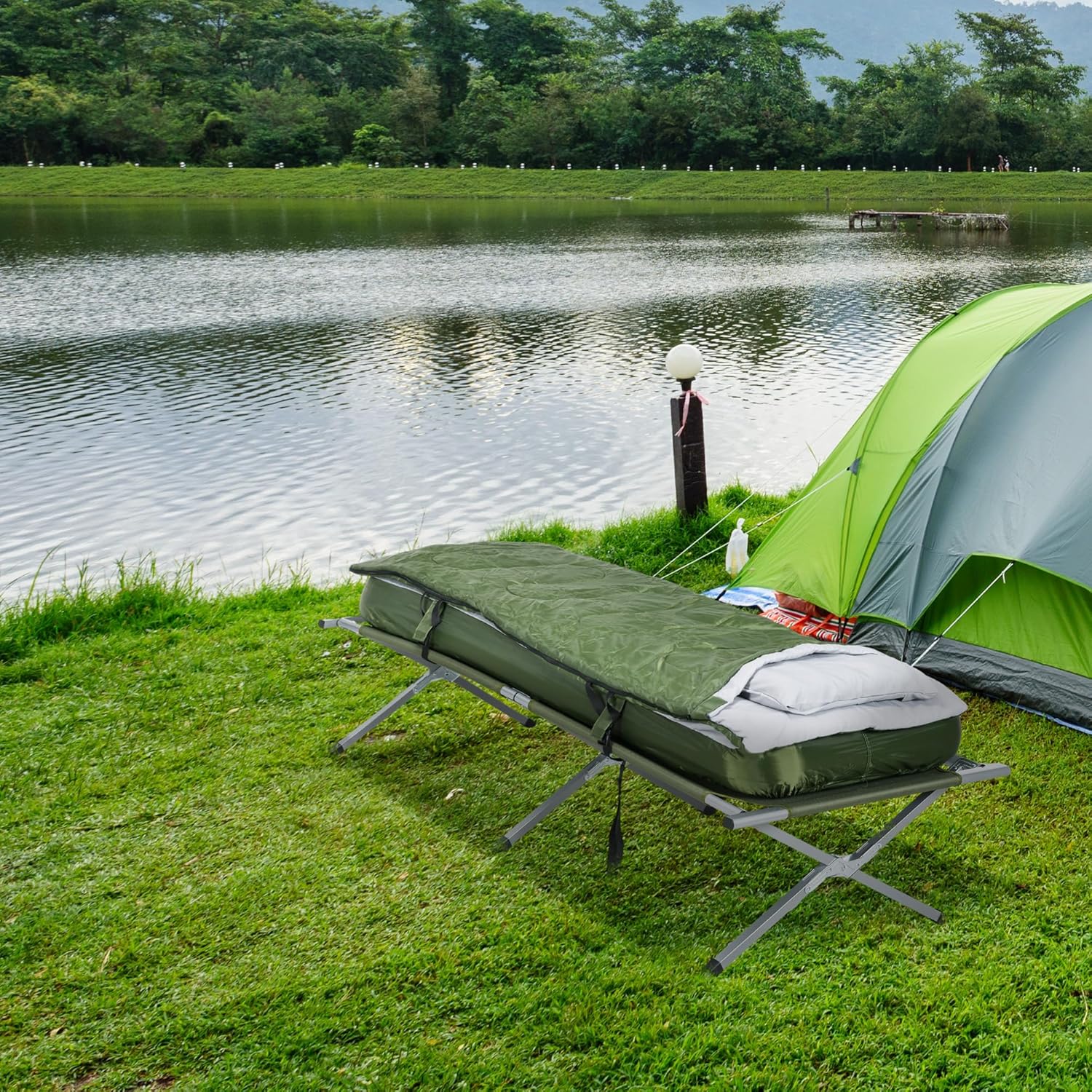 Outsunny Camping Cot, Outdoor Folding Bed Set with Mattress, Sleeping Bag, Pillow, and Carry Bag, Comfortable and Portable, for Travel Camp Beach