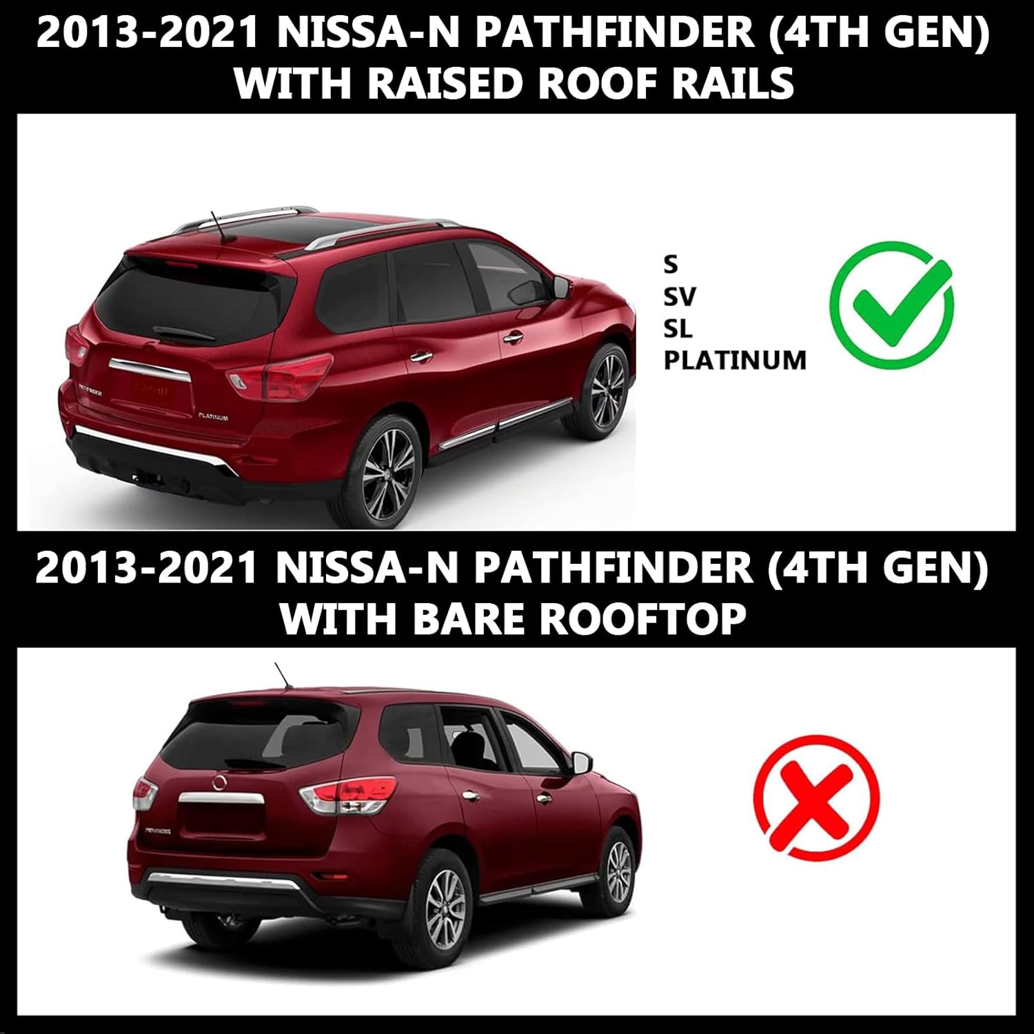 Roof Racks Crossbars for 2013-2021 Pathfinder Factory Raised Side Rails OEM-Style Cross bars Cargo Racks, Cut-Free Brackets Aluminum Carrier Silver