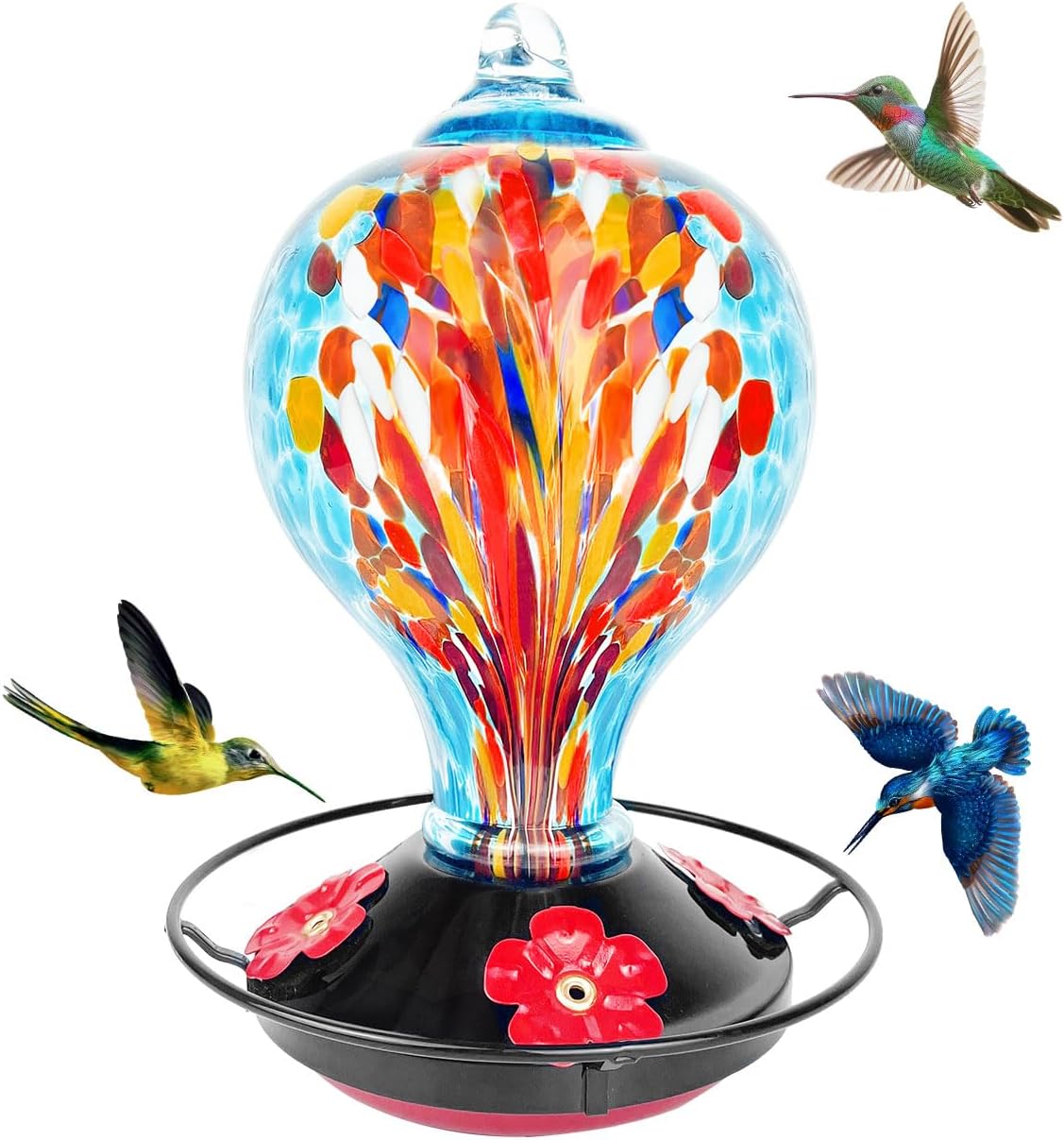 Glass Hummingbird Feeder, 32oz Hand Blown Glass Hummingbird Feeders with 4 Perches, Ant & Bee Proof, Leak Proof & Rustproof, Never Fading, Garden Backyard Decor, Unique Gifts for Women, Blue