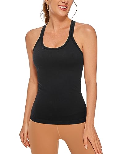 CRZ YOGA Womens Seamless Ribbed Racerback Tank Tops with Built in Bra - Padded Scoop Neck Slimming Athletic Long Camisole