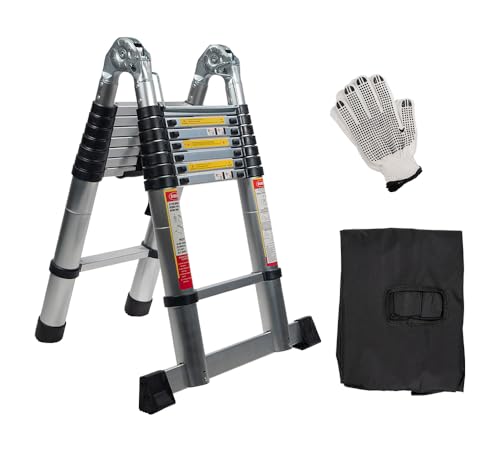 Mytee Products 16.5' Telescoping Ladder A Frame - Aluminum Extention Ladder w/Balance Bar, Carry Handle & Tool Tray - Folding Collapsible Ladder for Extend & Climb RV or for Household & Outdoor Work