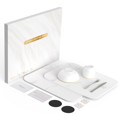 Stone Dish Drying Mat for Kitchen Counter - Ultra Absorbent Diatomaceous Earth Stone Mat, Quick Drying, Non-Slip, Heat Resistant, Eco-Friendly Dish Drying Stone(15.6x11.7 inch, White Marble)