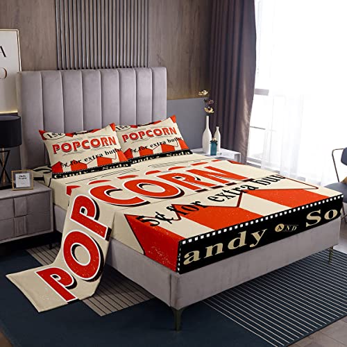 Vintage Cinema Movie Theater Sheet Set Movie Theater Bed Sheets Set for Kids Children Teens Cinema Poster Design Sheets with Deep Pocket Fitted Sheet Old Fashion Bedding Set Bedroom Decor 4Pcs King