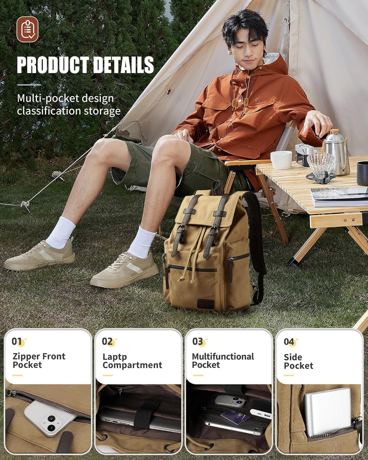 Canvas Vintage Casual Daypack Backpack for Men Womens, Water Resistant Lightweight College Travel 14 Inch Laptop Rucksack Hiking Bag BookBag, Khaki