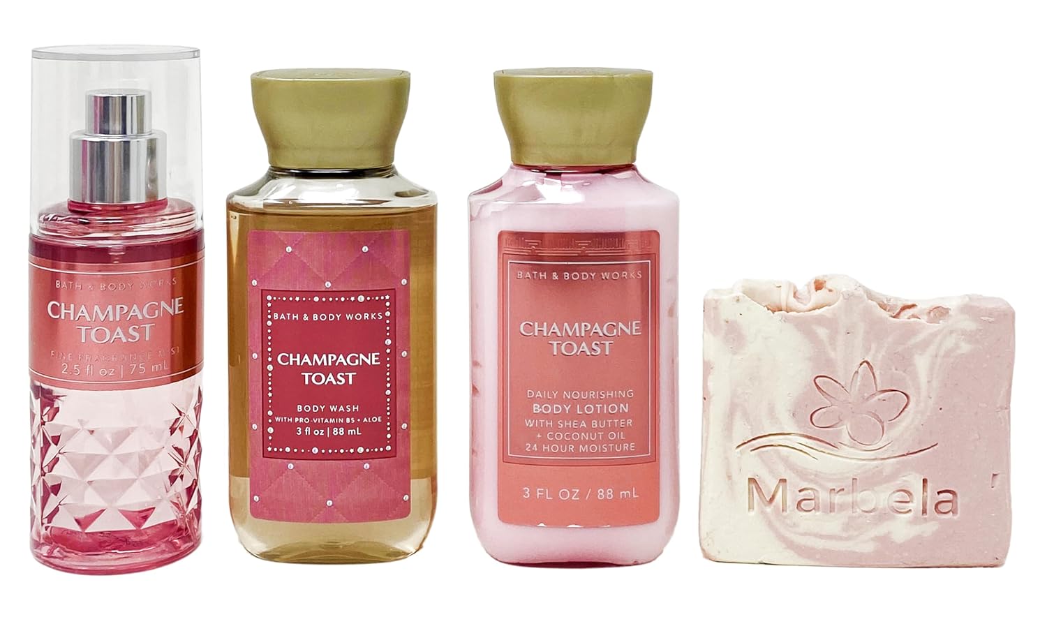Bath & Body Works Champagne Toast - Trio Gift Set Travel Size - Fine Fragrance Mist, Body Lotion and Body Wash With a Himalayan Salts Springs Sample Soap.