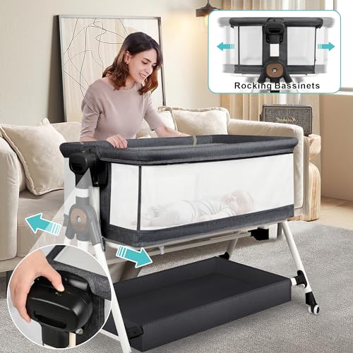 Baby Bassinet Bedside Sleeper, 3 in 1 Rocking Bassinet for Baby, Bassinet Bedside Sleeper with Wheels, Adjustable Height, Storage Basket, Mattress & Canopy, Bed Side Bassinet for Newborn (Light Grey)