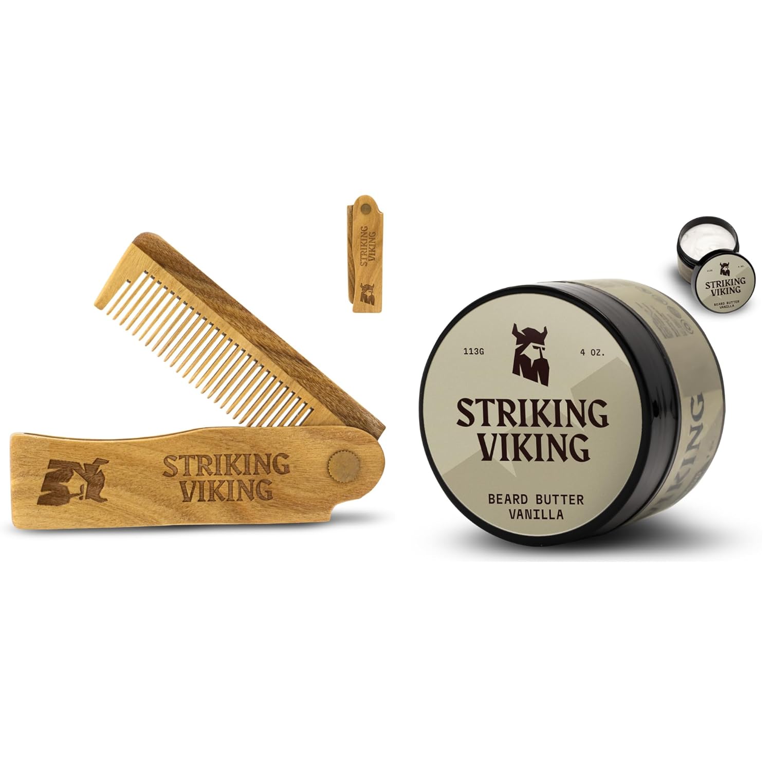 Striking Vikings Beard Folding Wooden Comb & Beard Butter Vanilla Scent 4oz