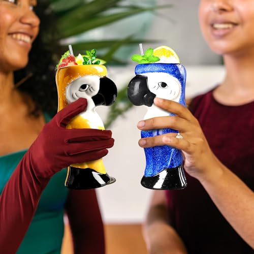 SuproBarware Tiki Mugs Set of 2 - Large Parrot Cocktail Tiki Glasses Hawaiian Party Cute Exotic Cocktail Glasses Hawaiian Ceramic Mug
