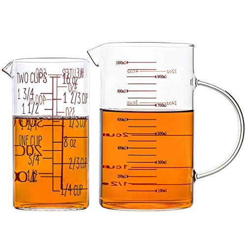 Glass Measuring Cup Set, 2 Piece, High Borosilicate Beaker Measuring Cup for Kitchen or Restaurant, with Insulated Handle, 4 Cup (1 L) + 2 Cup (500 ml), Red Scale