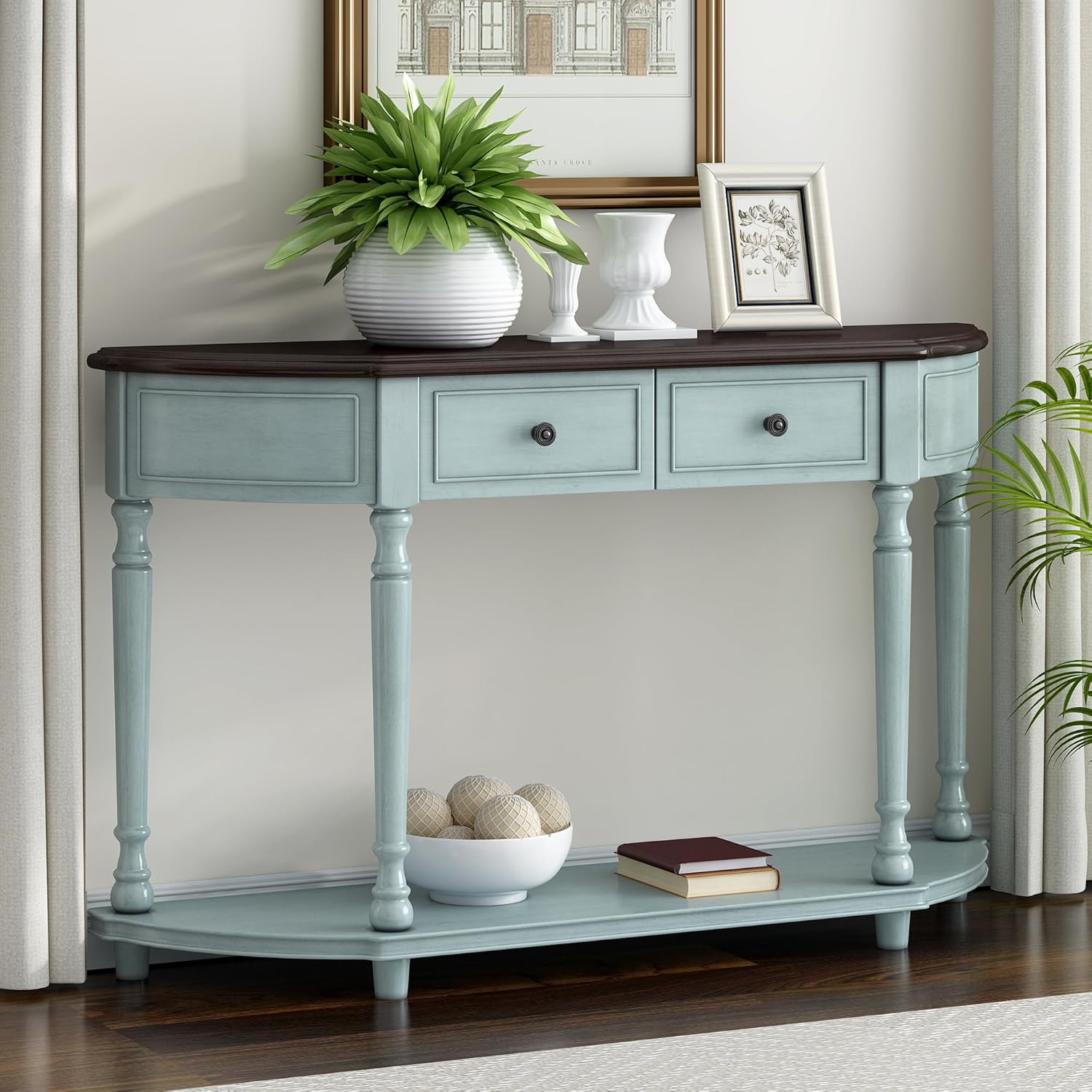 Retro Circular Curved Design Console Table with Open Style Shelf Solid Wooden Frame and Legs Two Top Drawers (Cherry + Antique Blue, OLD SKU: WF298768AAC)