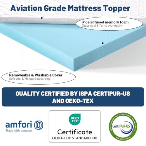 3 Inch Gel Memory Foam Mattress Topper Queen Size, Cooling Bed Topper for Comfort Body Support & Pressure Relief with Removable Breathable Soft Cover, CertiPUR-US Certified