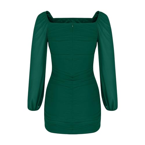 Women's Mesh Ruched Bodycon Mini Dress Lantern Long Sleeve Square Neck Dress Cocktail Sexy Slim Party Club Dresses