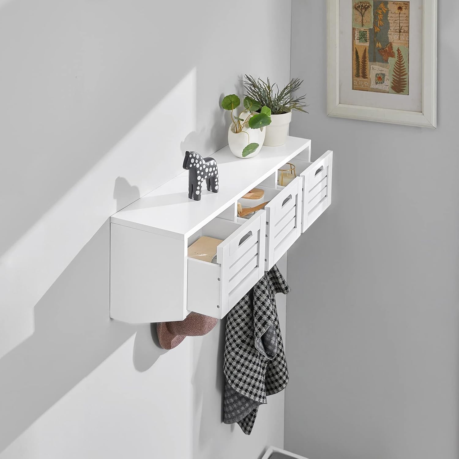 Haotian FHK19-W, White Wall Display Storage Unit with 3 Drawers and 4 Hooks, Wall Coat Rack Bathroom Kitchen Cupboard