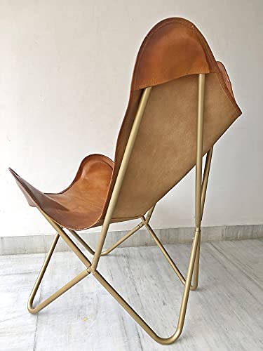 Leather Living Room Chairs-Butterfly Chair Brown Leather Butterfly Chair-Handmade with Powder Coated Folding Iron Frame (Cover with Folding Frame) (Golden Frame)