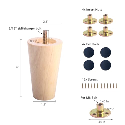 3 Inch Wood Furniture Legs, Wooden Couch Sofa Leg Feet Set of 4, Mid-Century Modern Round Solid Wood Replacement Legs for Couch, Chair, Sofa, Dresser, Bed, Cabinet, Ottoman