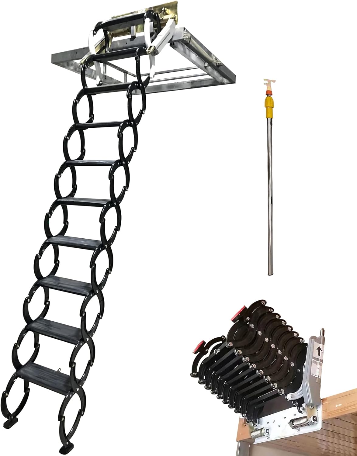 TECHTONGDA Folding Attic Ladder Pull Down Attic Stairs, Narrow Wall-mounted Attic Steps, Retractable Loft Ladder Stairs, 12 Steps Alloy Attic Access Ladder, 9.8feet Max Vertial Height, Folding Stairs