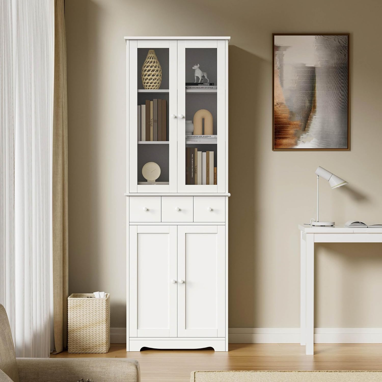 70“ Tall Home Office Bookshelf with Drawers and Shelves, 3-Tier White Large Storage Shelves, Display Cabinet with LED Lights,Modern Wood Display Bookshelf (23