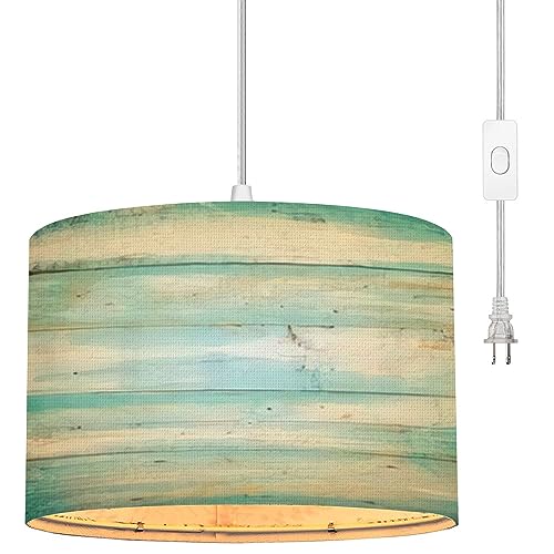 Plug in Pendant Light teal blue marbled texture bright center Boho Hanging Lamp with Plug in Cord 16.4 ft Dimmable Switch Fabric Shade Hanging Light for Living Room Kitchen Dining Room Bedroom