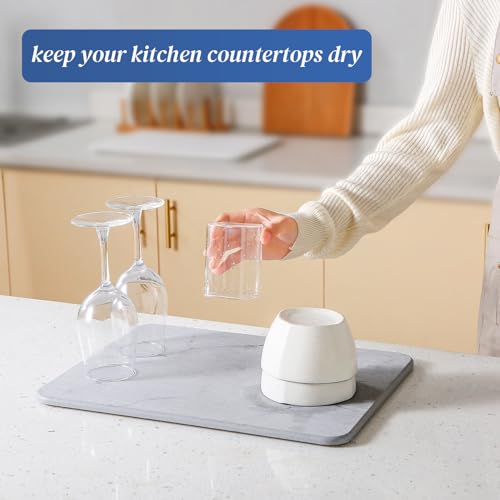 Quick Dry Stone Drying Mat for Kitchen Counter, Water-Absorbent Diatomaceous Dish Drying Mats, Multi-Purpose Stone Drying Tray for Cups Dishes Bottles, Ivory-Marble