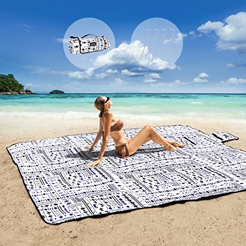 Picnic Blankets Beach Blanket, 80''x80'' Extra Large Thick 3-Layers, Sandproof Machine Washable Waterproof Foldable Oversized XL Outdoor Mat, for Camping, Park, Travel, Grass(Blue White Stripe)